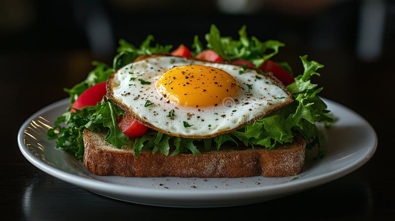 Köstliche Eier auf Toast mit frischem Salat und Tomaten, die eine lebendige und gesunde Mahlzeit schaffen. Perfekt für Frühstück o lizenzfreie abbildung