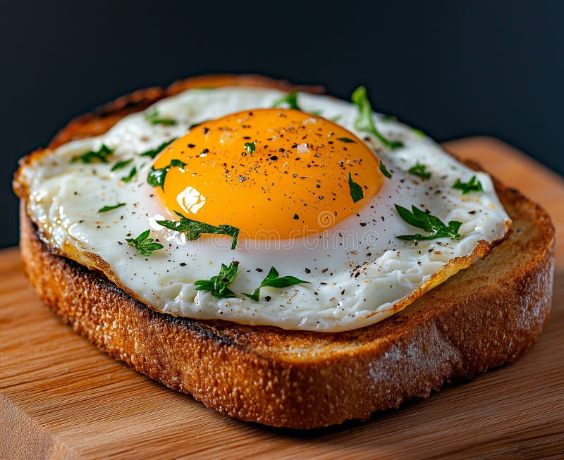 Köstliche Eier auf Toast perfektes Frühstücksgericht mit Kräutern und Gewürzen, die sonnige Seite auf Eier auf knusprigem Brot stock abbildung