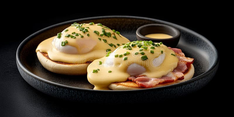Köstliche Eier Benedikt mit Hollandaise Sauce Bacon und Chives auf ToastEnglish Muffins lizenzfreie abbildung