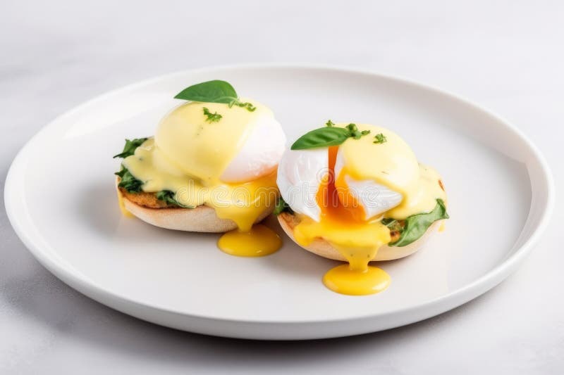 Köstliche Eier, die auf einem weißen Teller mit gekochten Eiern serviert werden, die mit cremiger hollandaise Sauce überragt sind stock abbildung