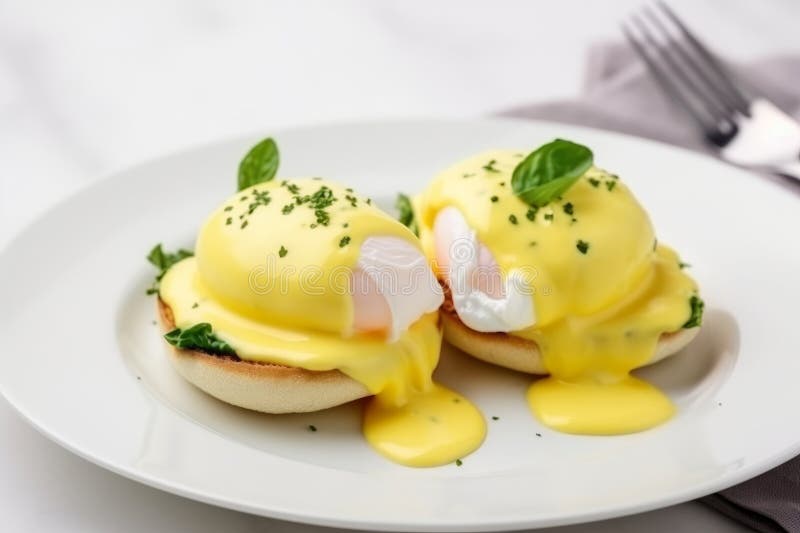 Köstliche Eier, die auf einem weißen Teller mit gekochten Eiern serviert werden, die mit cremiger hollandaise Sauce überragt sind stock abbildung