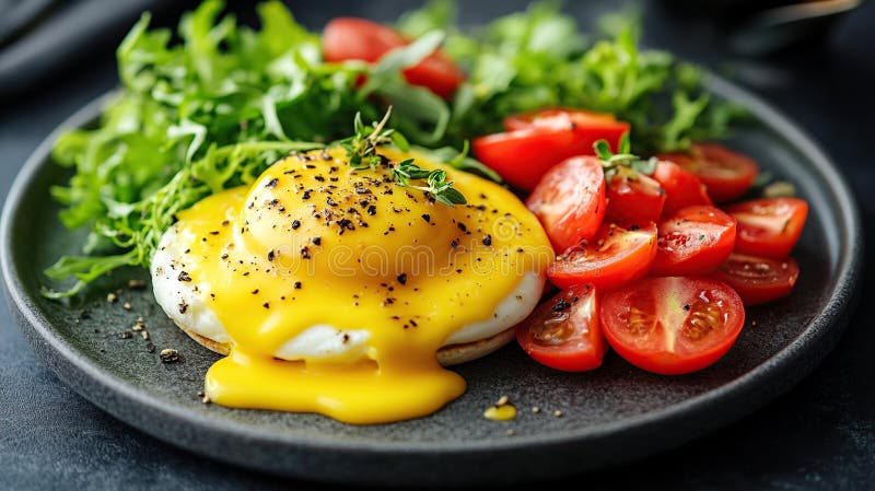 Köstliche Eier genießen Frühstück mit Tomaten und Salat vektor abbildung