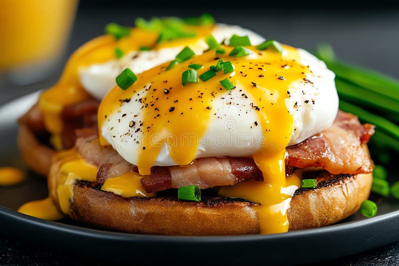 Köstliche Eier mit cremiger hollandaise Sauce knuspriger Speck und frische Küken auf gerösteten englischen Muffins für ein Gourmet stock abbildung