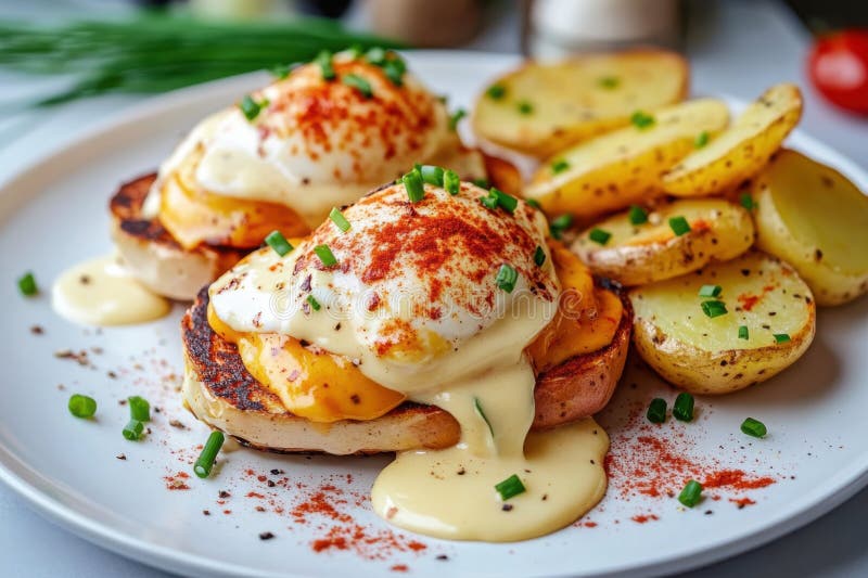 Köstliche Eier mit cremiger Soße und Paprika serviert mit gerösteten Kartoffeln auf weißem Teller vektor abbildung