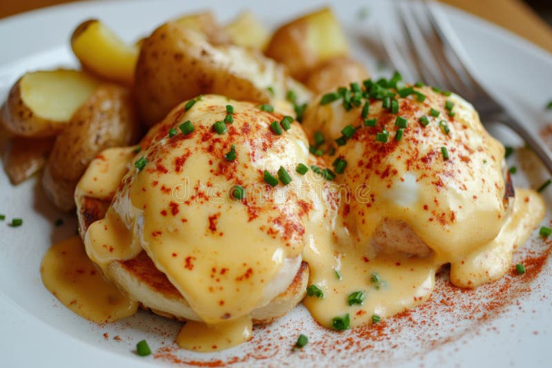 Köstliche Eier mit cremiger Soße und Paprika serviert mit gerösteten Kartoffeln auf weißem Teller vektor abbildung