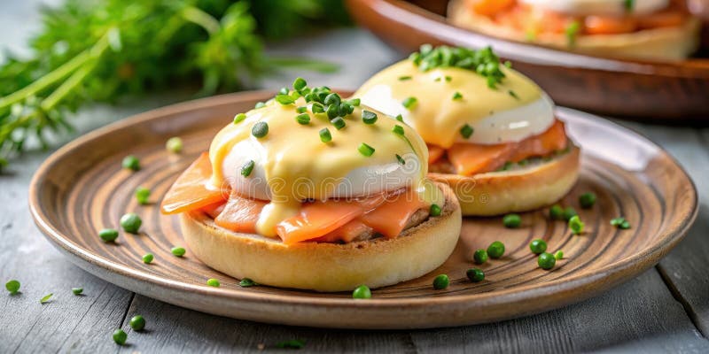 Köstliche Eier mit geräuchertem Lachs auf englischen Muffins. Generative AI. Eine sorgfältig ausgewogene Zusammensetzung mit raffinierten visuellen Elementen.