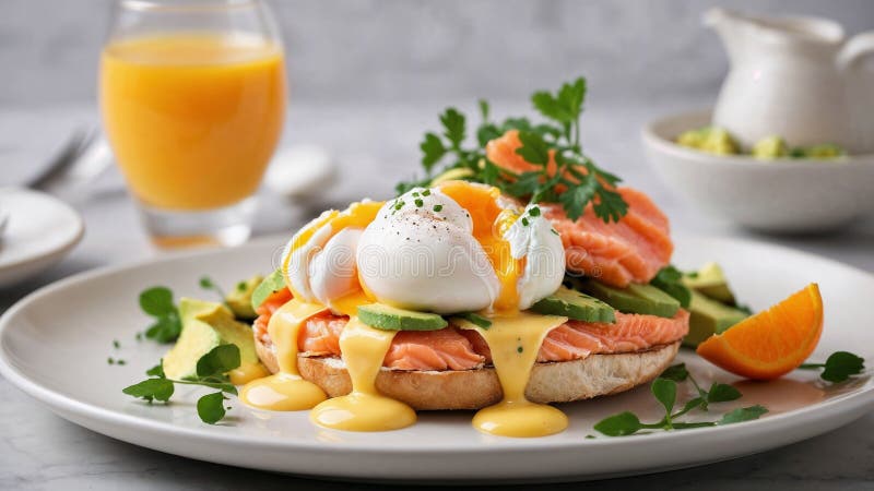 Köstliche Eier mit geräuchertem Lachs Avocado und Hollandaise-Sauce stock abbildung
