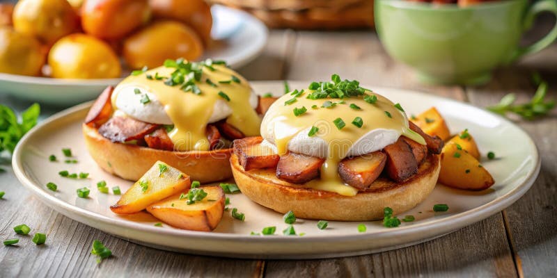 Köstliche Eier mit gerösteten Kartoffeln und Hollandaissoße. Generative AI vektor abbildung