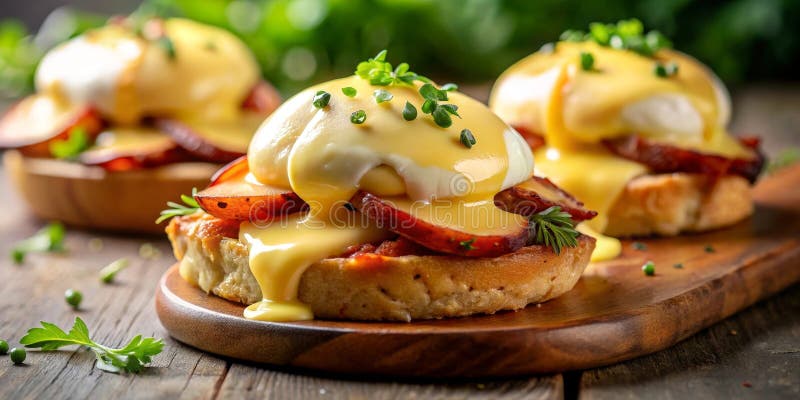 Köstliche Eier mit perfekt gepochteten Eiern, salziger Schinken und cremige hollandaise Sauce serviert auf geröstetem Brot. genera lizenzfreie abbildung