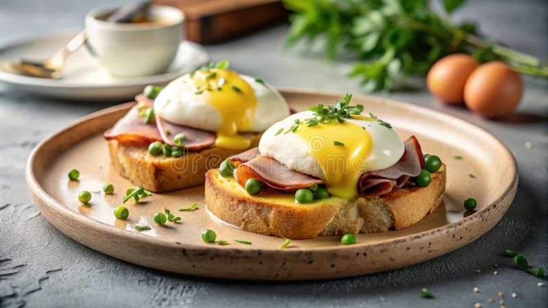 Köstliche Eier mit Schinken und Erbsen auf geröstetem Brot. Generative AI stock abbildung