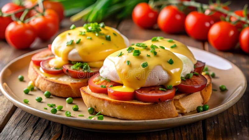 Köstliche Eier mit Tomaten und Hollandaise-Sauce auf geröstetem Brot. Generative AI stock abbildung