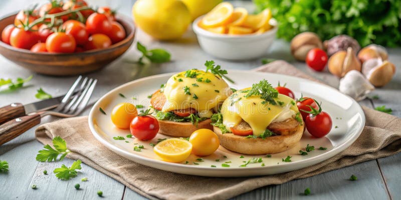 Köstliche Eier schmecken mit cremiger hollandaise Sauce frische Tomaten und Zitronenkeile auf einem rustikalen Tisch. Generative A vektor abbildung