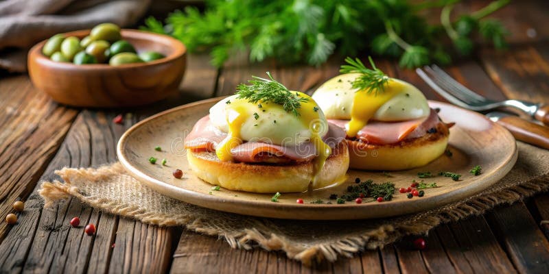 Köstliche Eier schmecken mit Schinken auf Buttertoast, gegarnt mit frischen Kräuter und einer reichen hollandaise Sauce. Generativ vektor abbildung