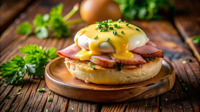 Köstliche Eier schmecken mit Schinken auf einem gerösteten englischen Muffin, der mit Hollandaise-Sauce getränkt und mit frischen stock abbildung