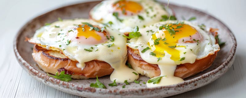 Köstliche Eier werden auf einem rustikalen Teller serviert, auf dem Wursteier und cremige hollandaise Sauce mit Kräutern serviert lizenzfreie abbildung