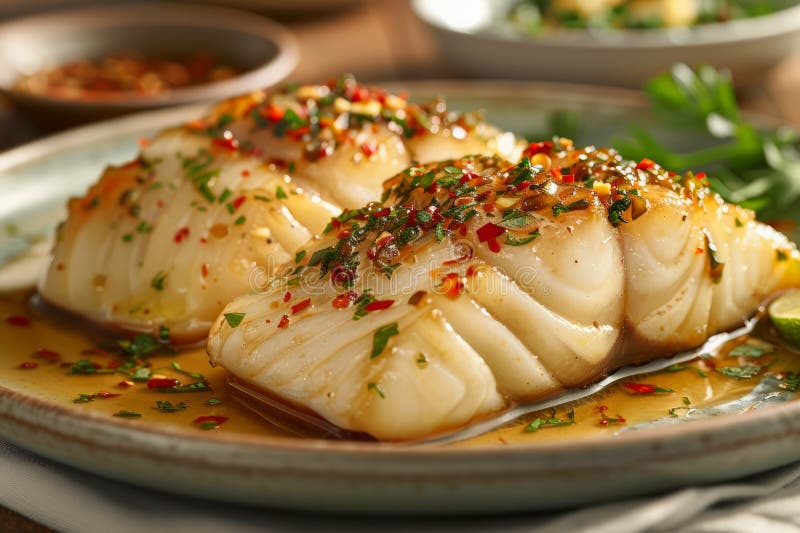 Köstliche Fischfilets mit Kräuterkruste, auf Teller serviert, mit KnoblButtersauce und Gewürzen lizenzfreie abbildung