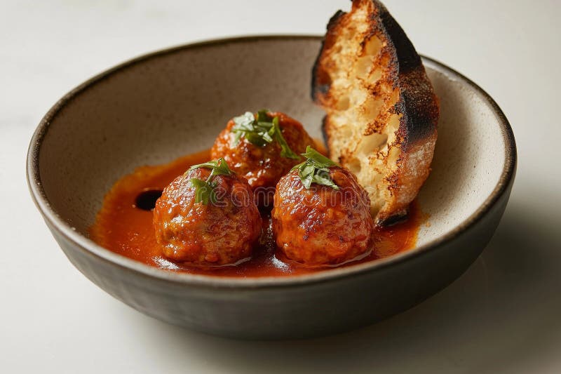 Köstliche Fleischbällchen serviert in reichhaltiger Tomatensauce mit geröstetem Brot auf einem rustikalen Teller Generative AI vektor abbildung