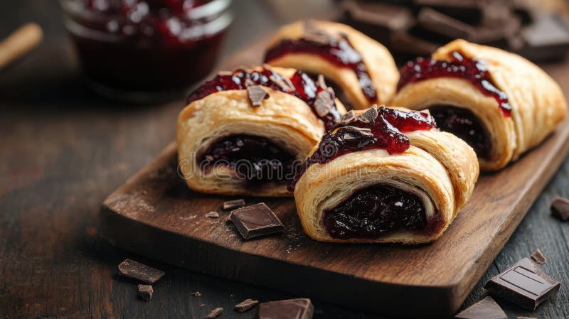 Köstliche, frisch gebackene Backwaren mit Marmelade und Schokolade auf einem Holzbrett stock abbildung