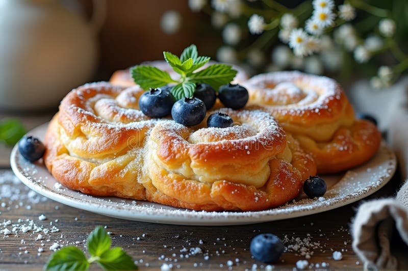 Köstliche, frisch gebackene Brötchen mit Heidelbeeren und Minze auf rustikalen Tischen lizenzfreie stockbilder