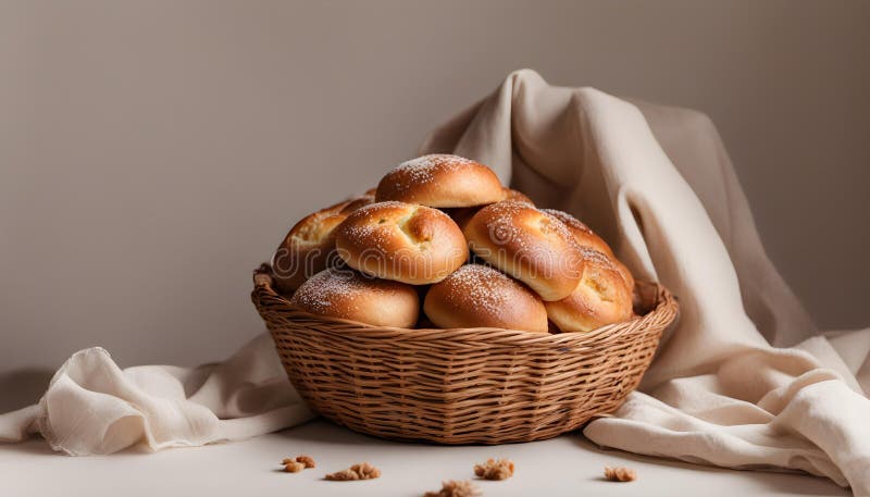 Köstliche frisch gebackene Brötchen in Weidenschale mit braunem Stoff vor weißem Hintergrund vektor abbildung