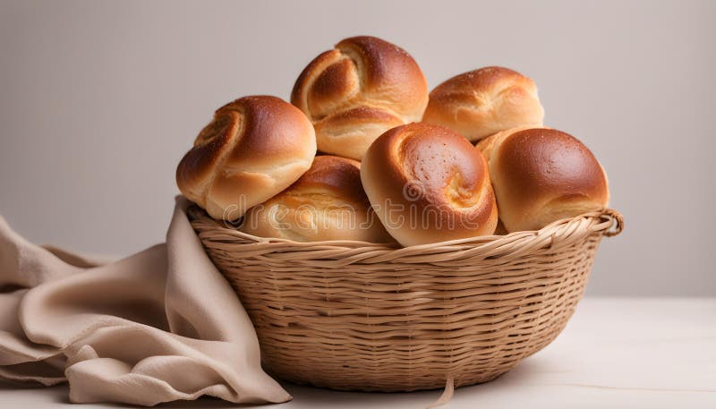 Köstliche frisch gebackene Brötchen in Weidenschale mit braunem Stoff vor weißem Hintergrund lizenzfreie abbildung
