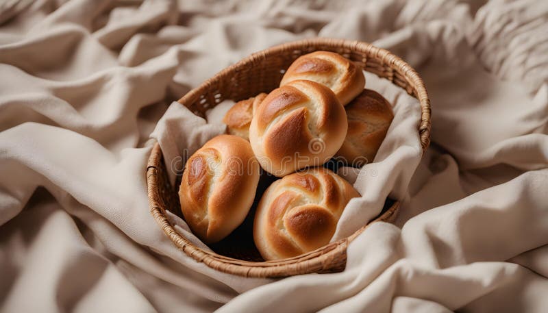 Köstliche frisch gebackene Brötchen in Weidenschale mit braunem Stoff vor weißem Hintergrund lizenzfreie abbildung