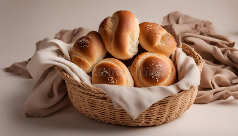 Köstliche frisch gebackene Brötchen in Weidenschale mit braunem Stoff vor weißem Hintergrund vektor abbildung