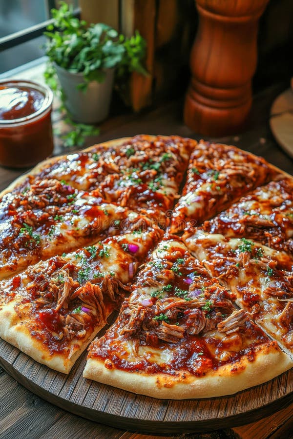 Köstliche frisch gebackene Grillpizza mit Kräutern auf Holztisch stock abbildung