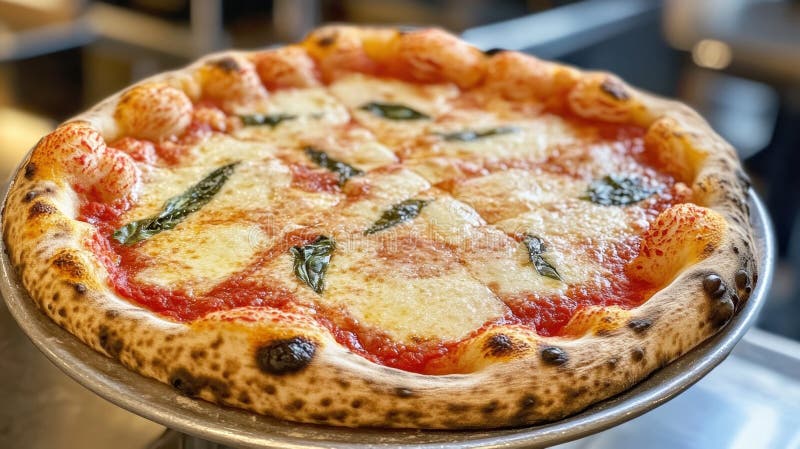 Köstliche frisch gebackene italienische Margherita Pizza mit Basilikum und Käse stock abbildung