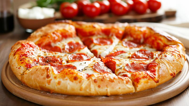 Köstliche frisch gebackene Kruste im neuen York-Stil, schmackhafte Pepperoni-Pizza. ausgeschnittene Schwebscheibe lizenzfreie abbildung