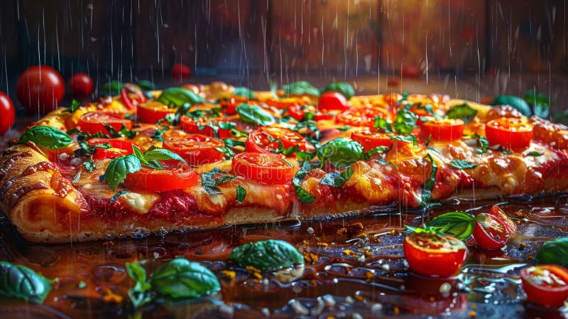 Köstliche frisch gebackene Pizza mit Tomaten und Basilikum, perfekt für ein regnerisches Tagesfest lizenzfreie abbildung