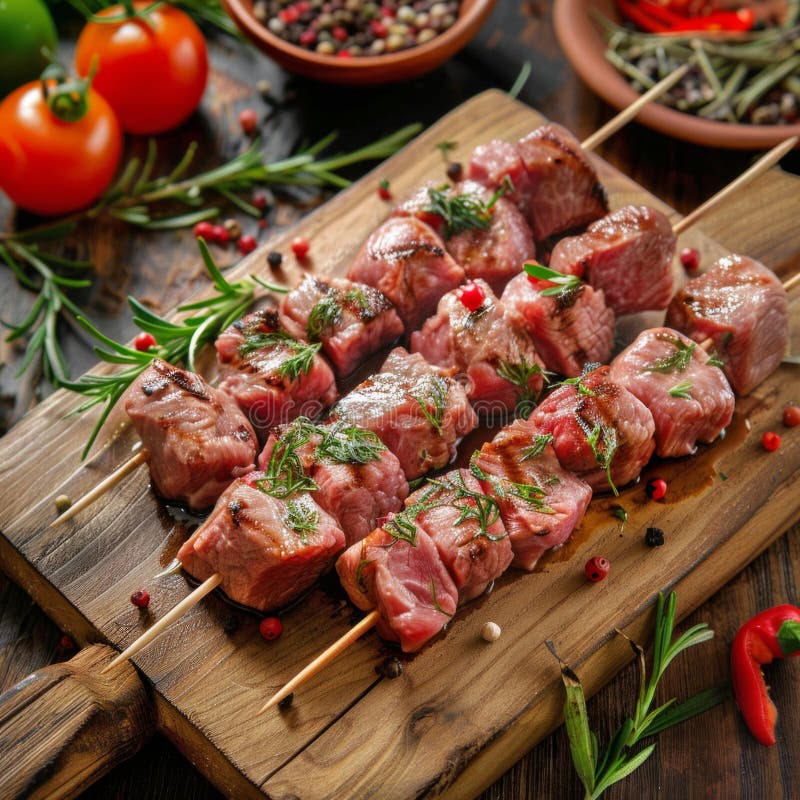 Köstliche frisch zubereitete Fleischspieße auf Holzbrett. saftige und zarte Fleischstücke, gewürzt mit Kräutern. perfekt lizenzfreie stockfotografie