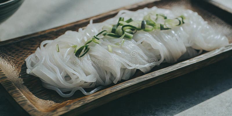 Köstliche, frisch zubereitete Konjac Nudeln mit Frühlingszwiebeln stock abbildung