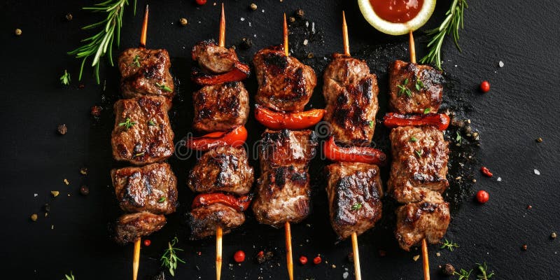Köstliche gegrillte Kebabs mit lebhaften Paprika auf Holzspießen. ein perfektes Gericht für Veranstaltungen und Sommerfeste.. erfa lizenzfreies stockbild