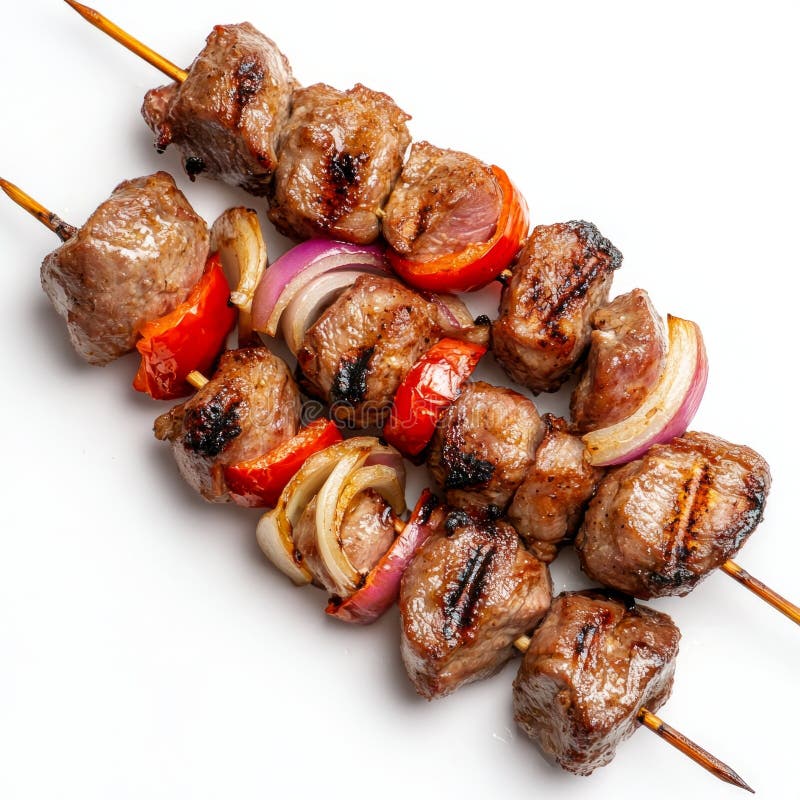 Köstliche gegrillte Kebabs werden mit saftig zart Fleisch und frischem Gemüse getaucht. dieses Gericht ist perfekt für den Sommer stockfotos