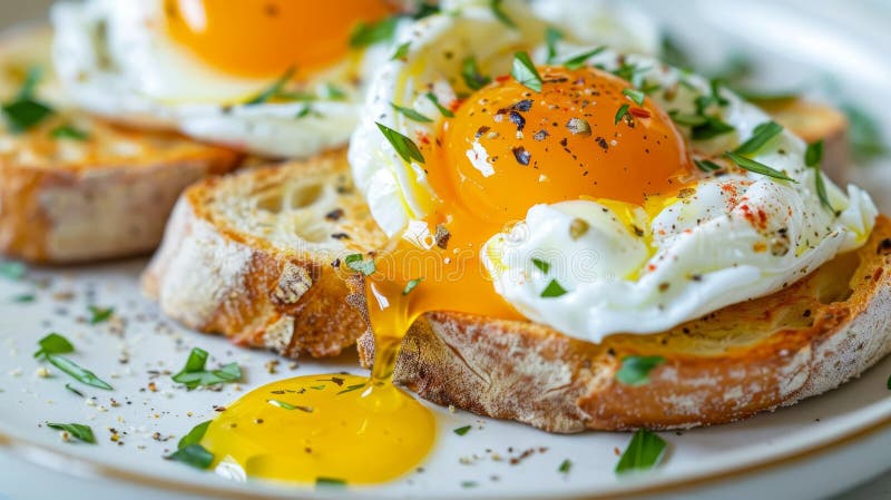 Köstliche gekochte Eier auf Toast mit pulsierendem, laufendem Eigelb und frischen Kräuter auf weißem Teller lizenzfreie abbildung