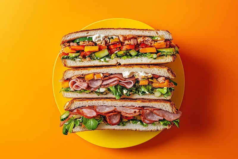 Köstliche gestapelte Sandwiches mit frischen Zutaten auf einer lebhaften gelben Platte Generative AI lizenzfreie abbildung