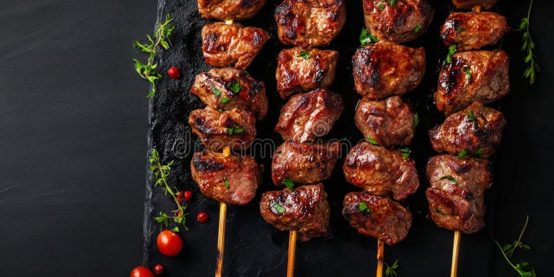 Köstliche Grillspieße auf einer dunklen Steinfläche serviert. perfekt für Grillabende oder besondere Anlässe. ein Fest für lizenzfreie stockfotos
