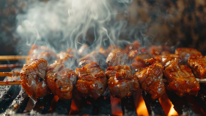 Köstliche Grillspieße auf offener Flamme grillen mit Rauch aufsteigend. perfekt für gastronomische Rezepte oder Sommer stockfoto