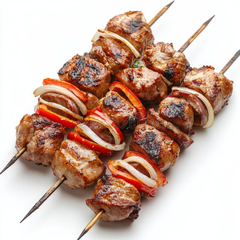 Köstliche Grillspieße, bestehend aus mariniertem Fleisch und farbenfrohen Gemüsen. perfekt für einen Sommergrill oder im Freien stockfoto