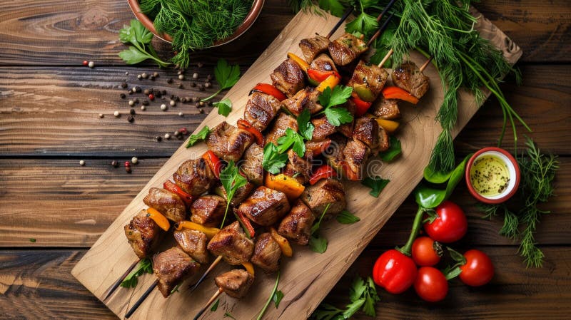 Köstliche Grillspieße mit lebendigem Gemüse auf Holzbrett. perfekt für barbeque oder sommer parties. rustikal stockbilder
