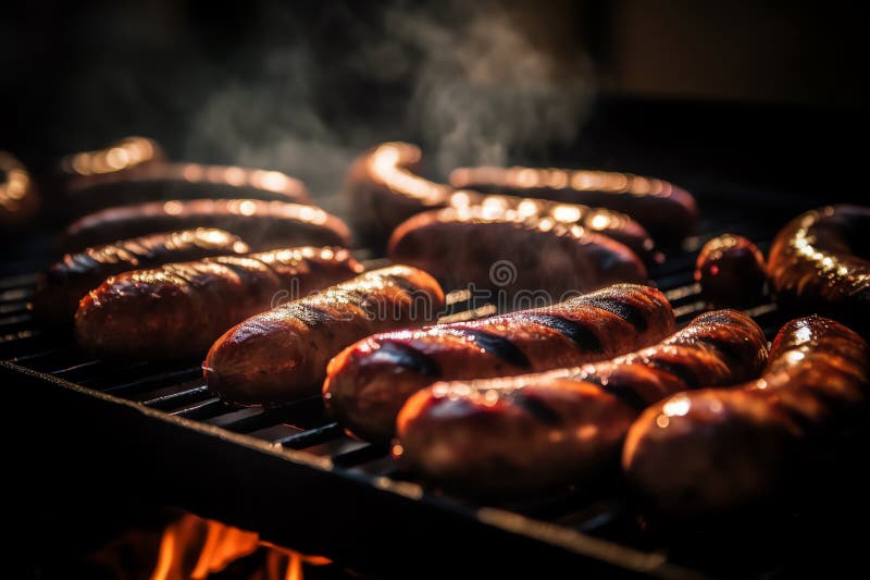 Köstliche Grillwürste auf einem heißen Grill im Sommer. generative Hilfe. Konzept der köstlichen Grillwürste, die im Sommer auf einem warmen Grill liegen.