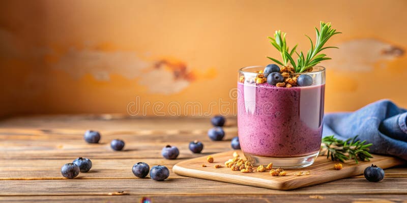 Köstliche Heidelbeerensmoothie mit Granola und Rosmarine auf rustikalem Holztisch. Generative AI stock abbildung