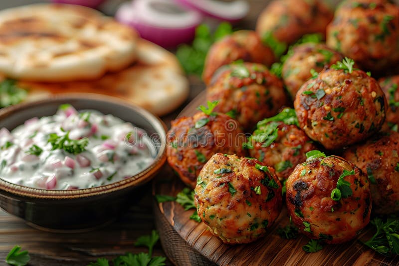 Köstliche herbinfused meatballs mit tzatziki sauce und pita brot für mediterrane küche büffet generative ai lizenzfreie abbildung