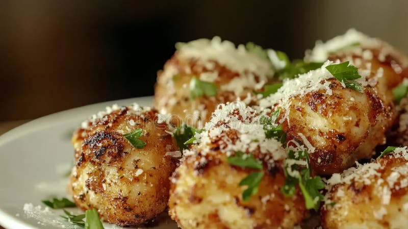 Köstliche Knoblauch-Parmesan-Hühnchen beißen eine knusprige Perfektion in einer gemütlichen Küche Umgebung lizenzfreie abbildung