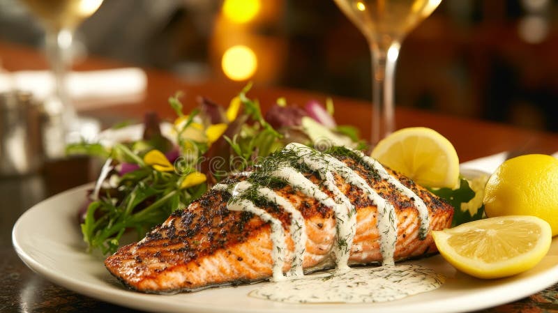 Köstliche Kräuterrosse Lachsfilets mit Zitronensauce und frischer Salat auf einem farbigen Tisch stock abbildung