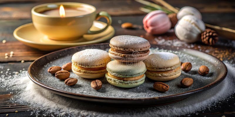 Köstliche Makaronen mit Kaffeebohnen und Zuckerpulver auf einer dunklen Platte in der Nähe einer Kerzenbecher. Generative AI vektor abbildung