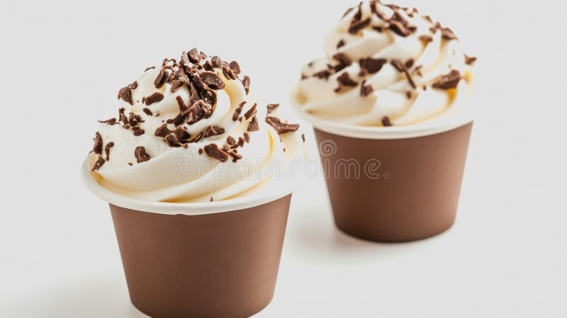 Köstliche Mouscups auf glattem Gradientenhintergrund. Genießen Sie die köstlichen Moussebecher mit Schokoladensprinklen, die wunderschön präsentiert werden und einen glatten Gradientenblick bieten, der perfekt zum Dessert geeignet ist. ai generiert
