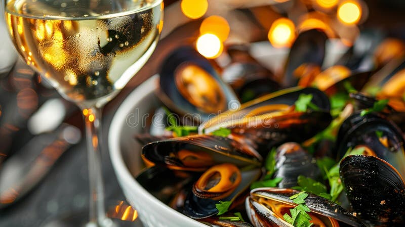 Köstliche Muscheln in duftender Weißwein-Sauce, eine Nahe von zarten Muscheln und frischen Kräuter vektor abbildung