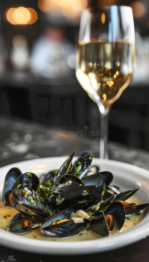 Köstliche Muscheln in Knoblauchkrautbutter-Sauce gepaart mit einem knusprigen Glas Weißwein stock abbildung